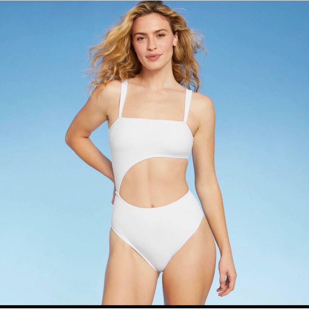 Shade & Shore White Ribbed Cutout One Piece Swimsuit Monokini Medium